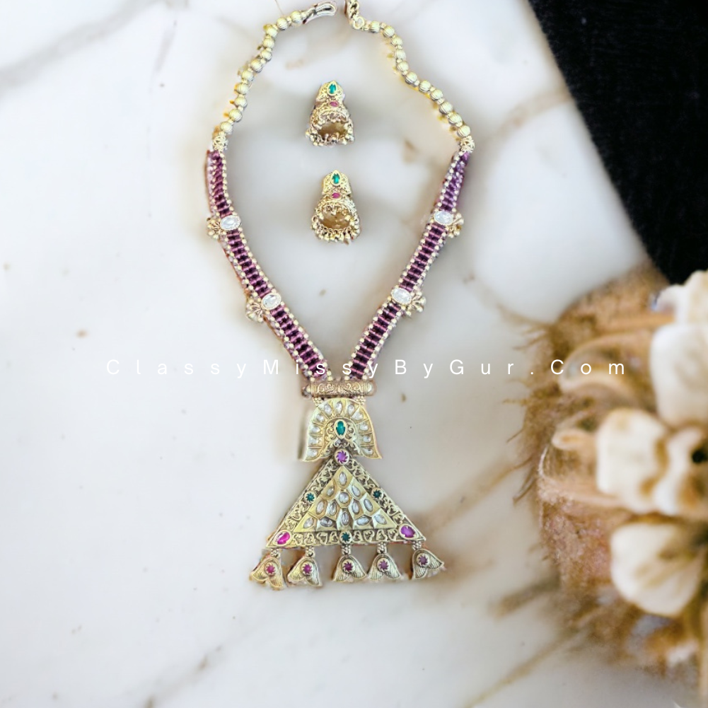 Designer simple antique gold finished necklace set/ Kemp neck set matching jhumkas/Bridal jewelry