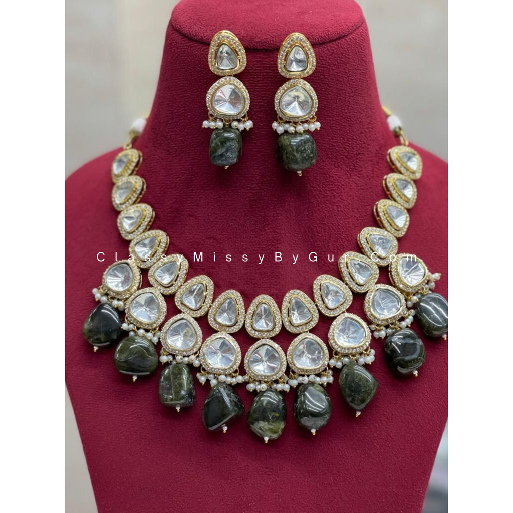 Victorian Inspired Necklace With Cubic Zirconia Lined Polki, Gray And white Stones
