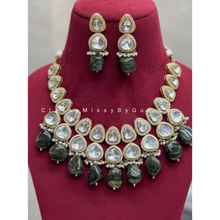 Load image into Gallery viewer, Victorian Inspired Necklace With Cubic Zirconia Lined Polki, Gray And white Stones