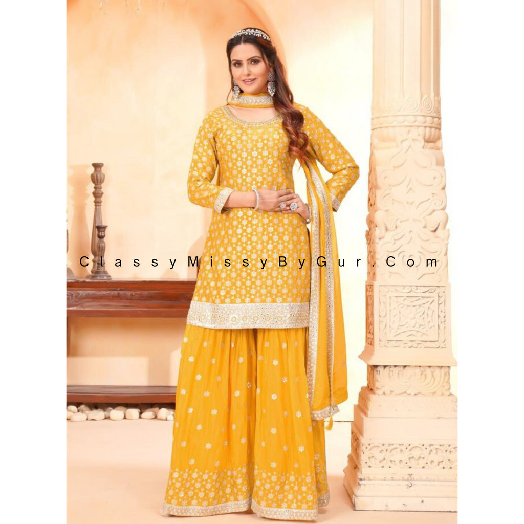 Yellow Sharara Suit with All-Over Work