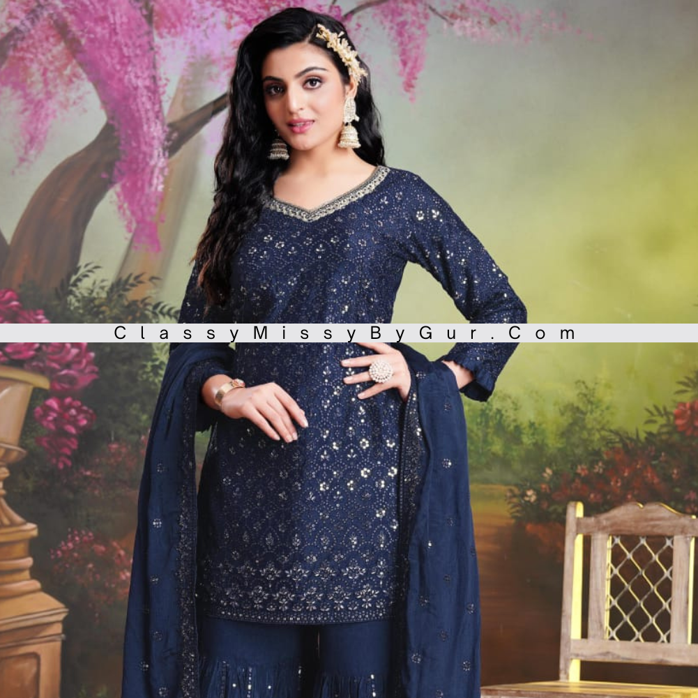 Navy Blue Sequins Work Sharara Suit in Chinon Fabric!