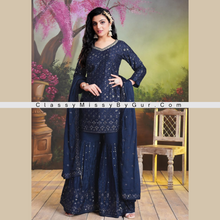 Load image into Gallery viewer, Navy Blue Sequins Work Sharara Suit in Chinon Fabric!