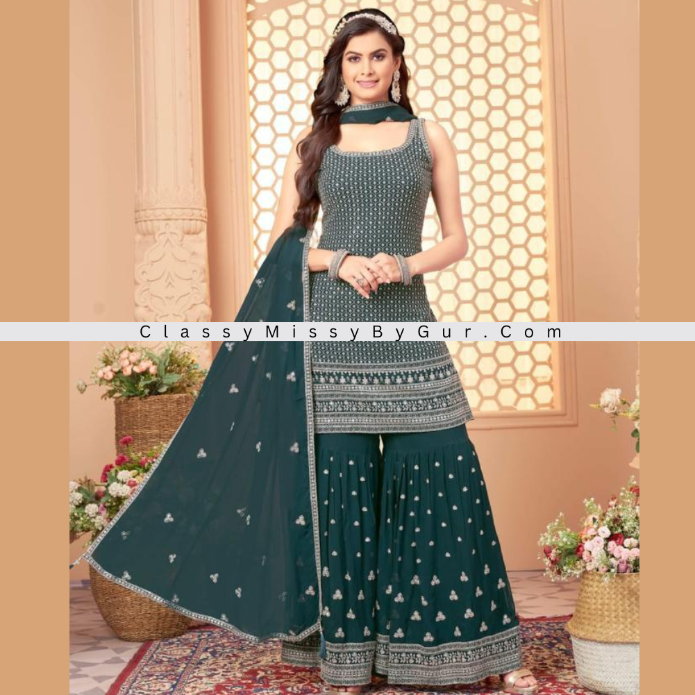 Stunning Green All-Over Work Sharara Suit