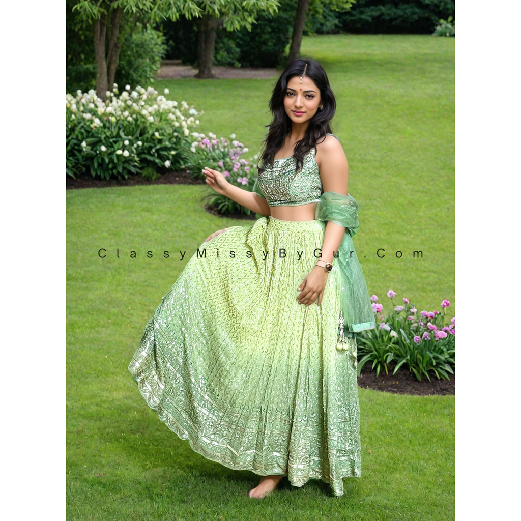 Exquisite Green Lehenga Choli with Intricate Embroidery and One-Side Strap Neck
