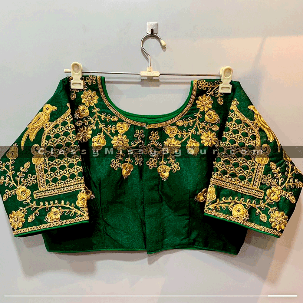 Designer Heavy Phantom Silk Blouse with Golden Thread and Aari Work with Fancy Frill Border On Sleeves For Women-ready Made Blouse