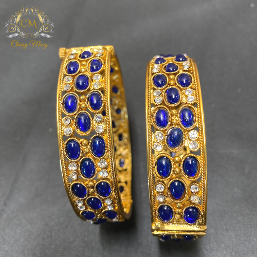 Stone Studded Golden And Blue Bangles