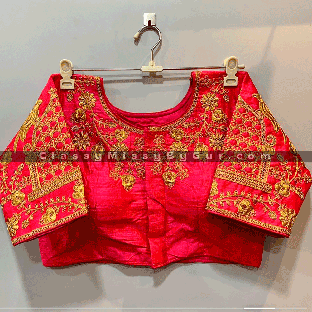 Designer Heavy Phantom Silk Blouse with Golden Thread and Aari Work with Fancy Frill Border On Sleeves For Women-ready Made Blouse
