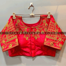 Load image into Gallery viewer, Designer Heavy Phantom Silk Blouse with Golden Thread and Aari Work with Fancy Frill Border On Sleeves For Women-ready Made Blouse