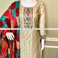 Load image into Gallery viewer, Beige Zari and mirror work straight suit with trouser pant