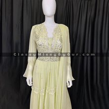 Load image into Gallery viewer, Mint Green Palazzo Suit With Anarkali Kurti Having A Front Slit And Gotta Work
