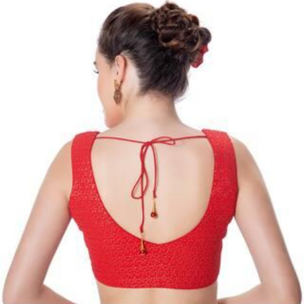 Womens Red Designer V Neck Tikkli Work Cotton Princess Cut Padded Sleeveless Readymade Saree Blouse