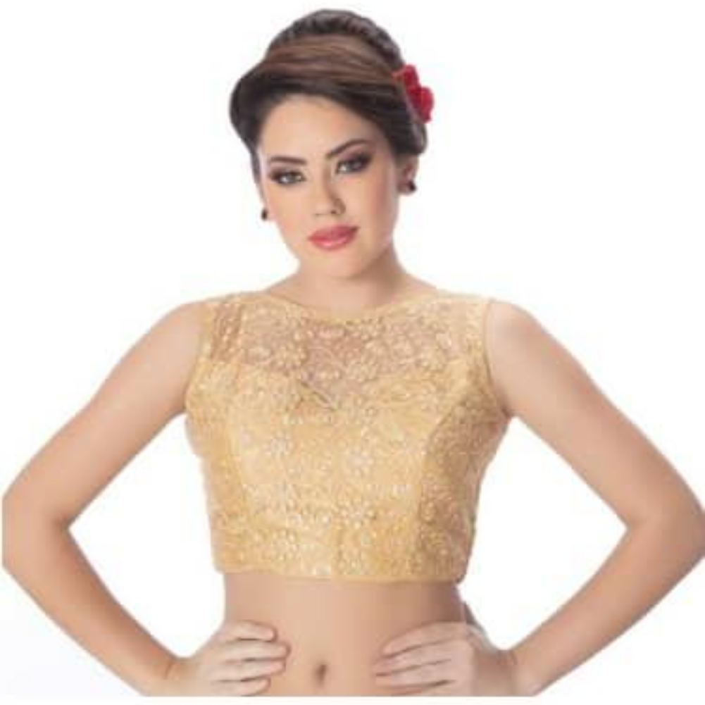 Womens Designer Gold High Neck Dupion silk Full Net Padded Princess Cut Sleeveless Readymade Saree Blouse