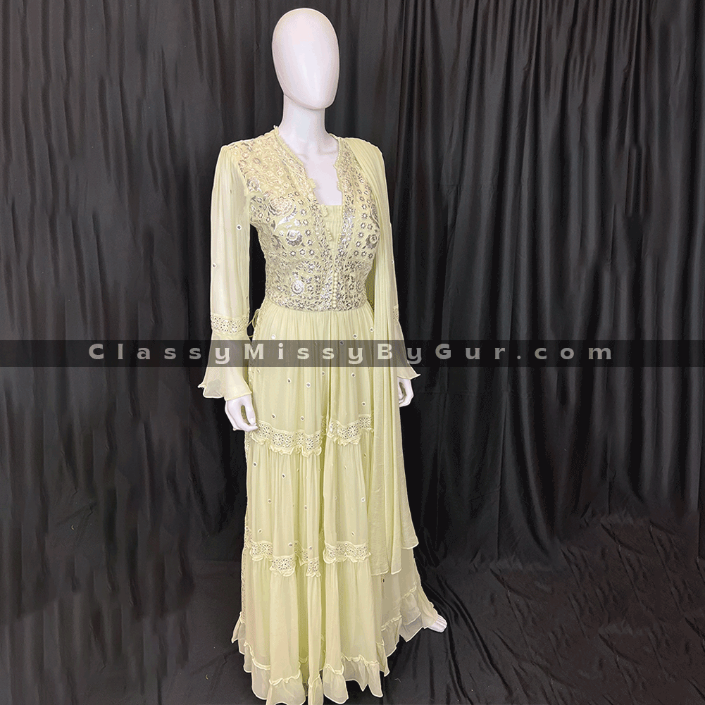 Mint Green Palazzo Suit With Anarkali Kurti Having A Front Slit And Gotta Work