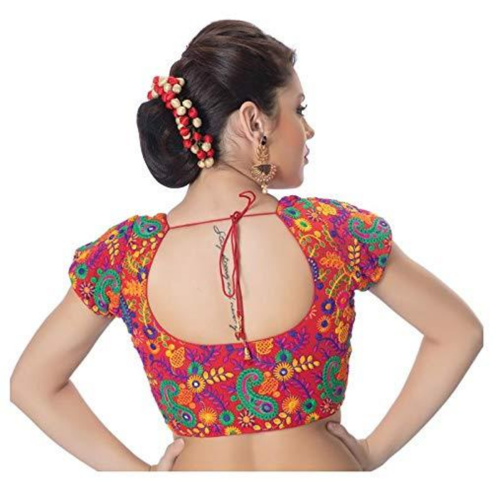 Womens Cotton Designer Kutchi Hand Embroidered Mirror Work Black Princess Cut Padded Short Sleeves Readymade Saree Blouse