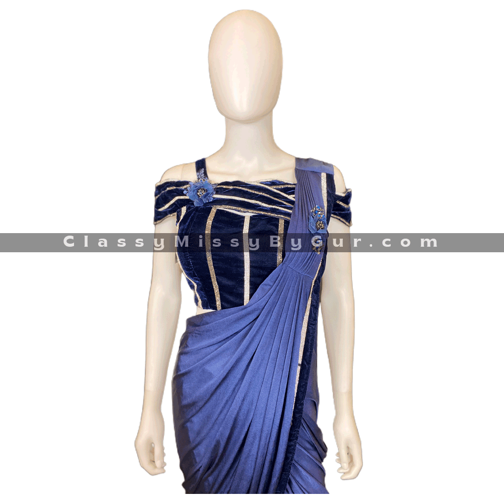 Navy Blue Ready to Wear Saree with Velvet Stitched Blouse
