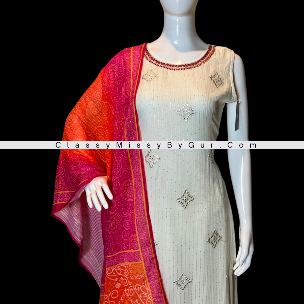 White Sequins Work Pant Suit With Bandhej Dupatta