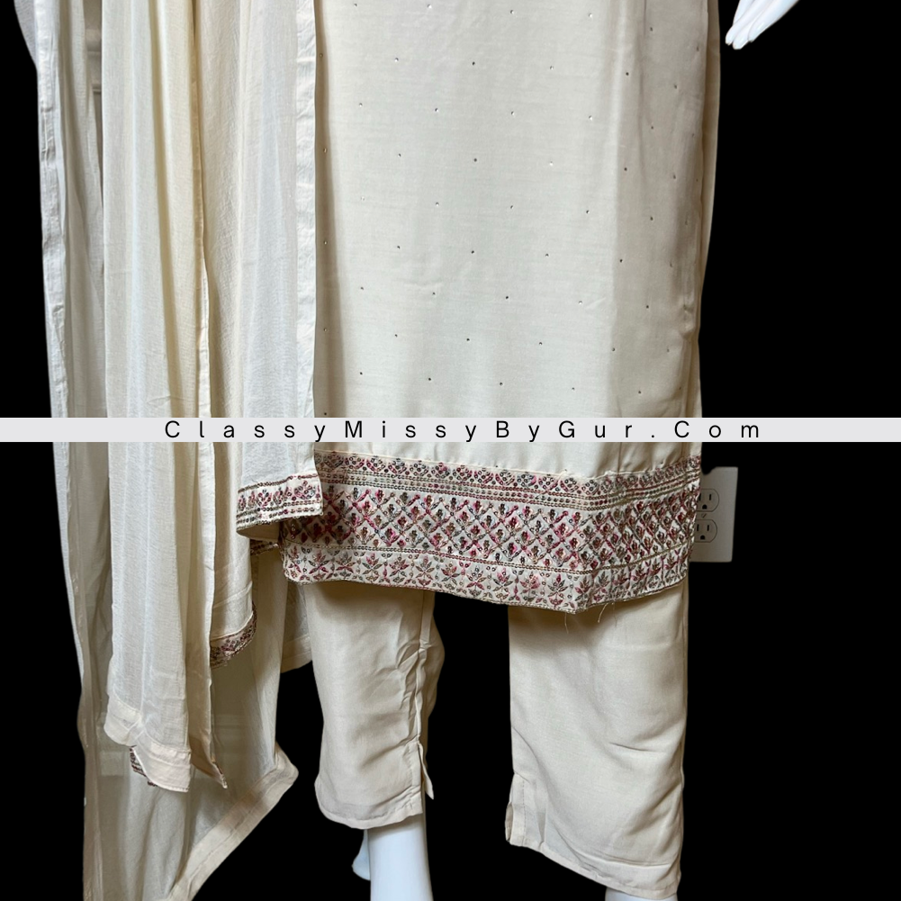 Cream Silk Embroidery Work Straight Pant Suit Party With Chiffon Dupatta
