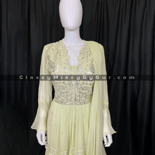 Load image into Gallery viewer, Mint Green Palazzo Suit With Anarkali Kurti Having A Front Slit And Gotta Work