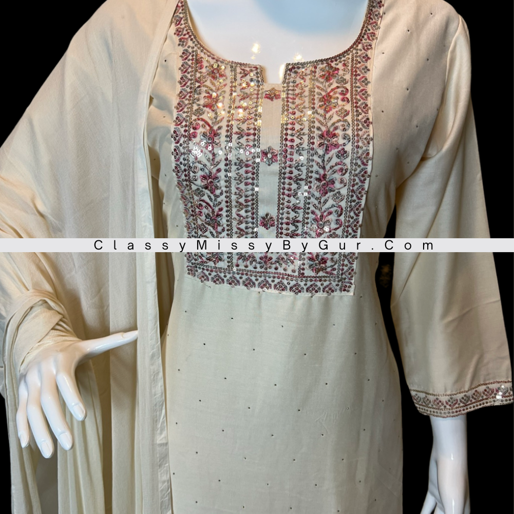 Cream Silk Embroidery Work Straight Pant Suit Party With Chiffon Dupatta