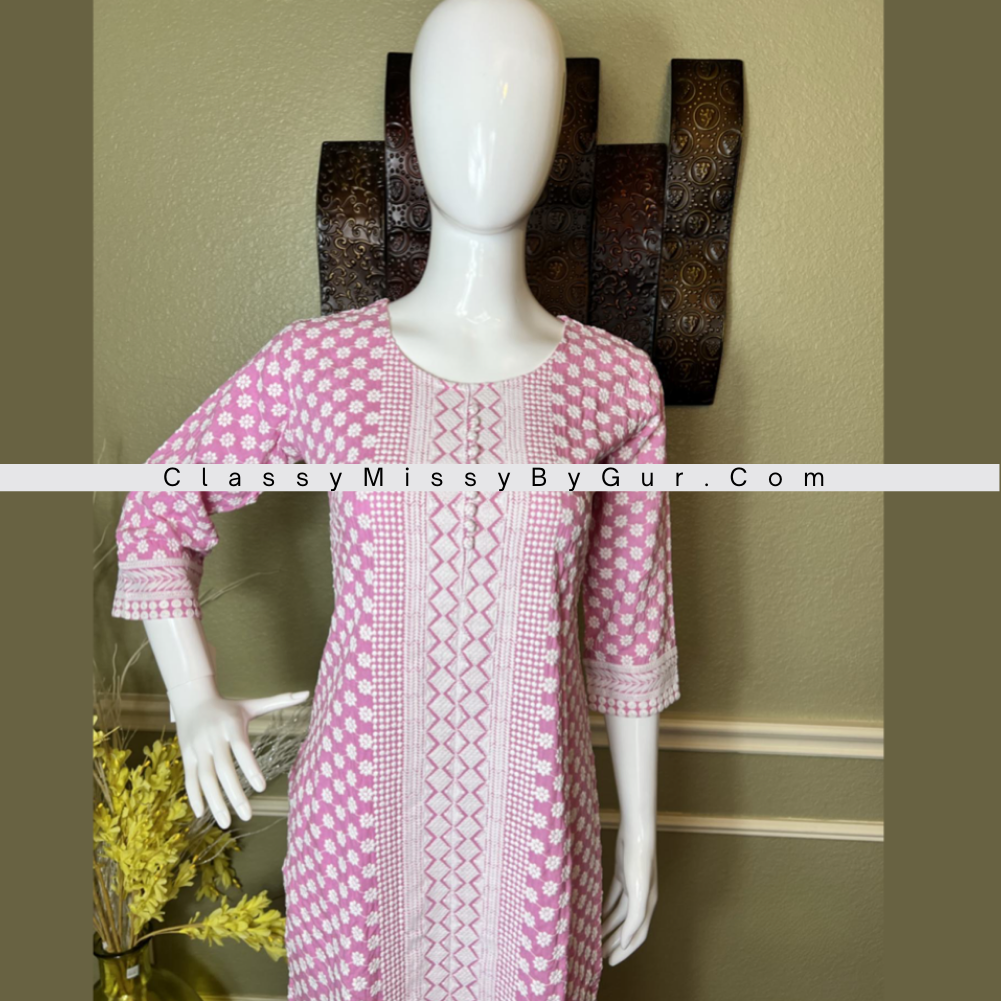 Lucknowi Embroidered Pink Straight Kurti