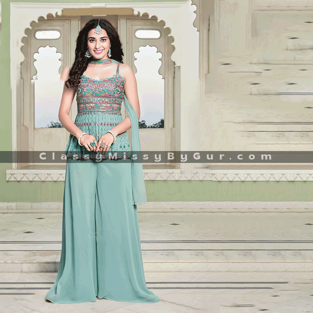Powder Blue Palazzo and Peplum Suit with Multicolored Resham and Mirror Embroidered Floral Motifs
