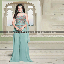 Load image into Gallery viewer, Powder Blue Palazzo and Peplum Suit with Multicolored Resham and Mirror Embroidered Floral Motifs