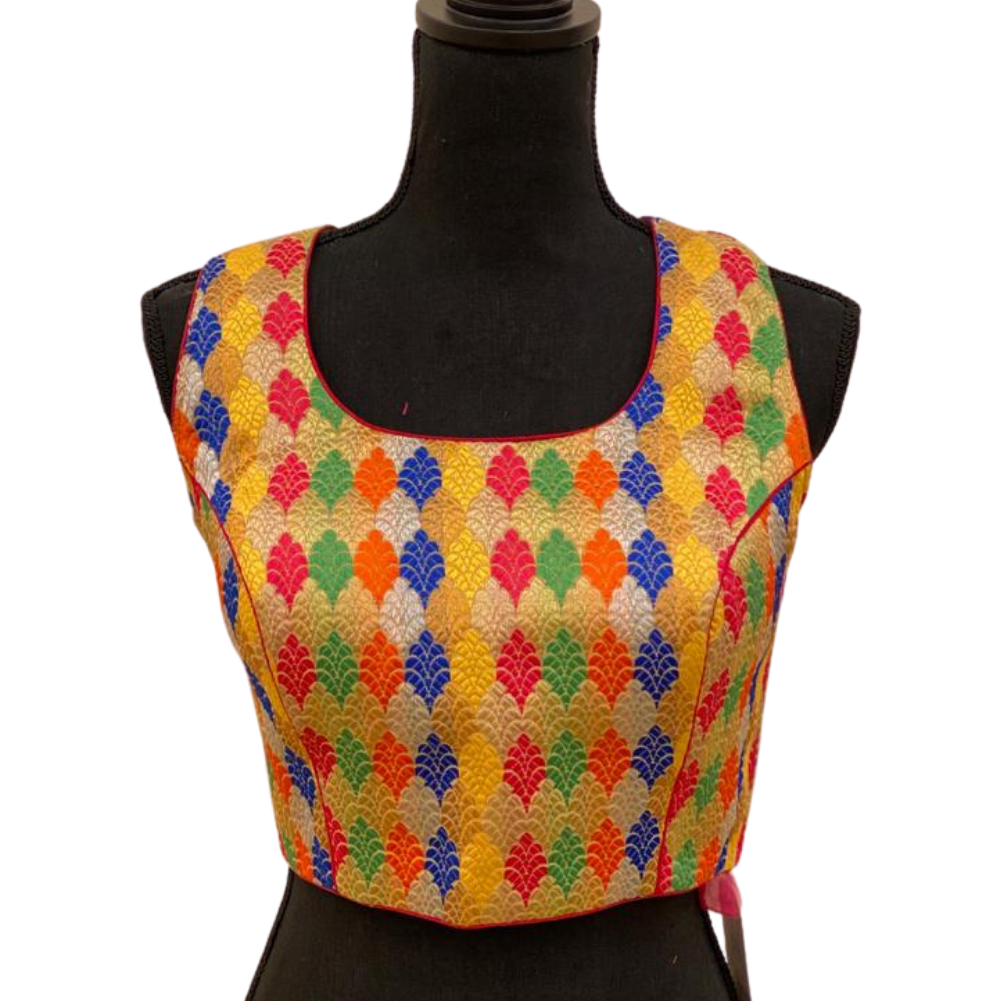 Women's Multi Colored Brocade Stitched Sleeveless Saree Blouse