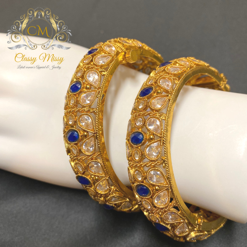 Stone studded Gold plated blue and silver bangles