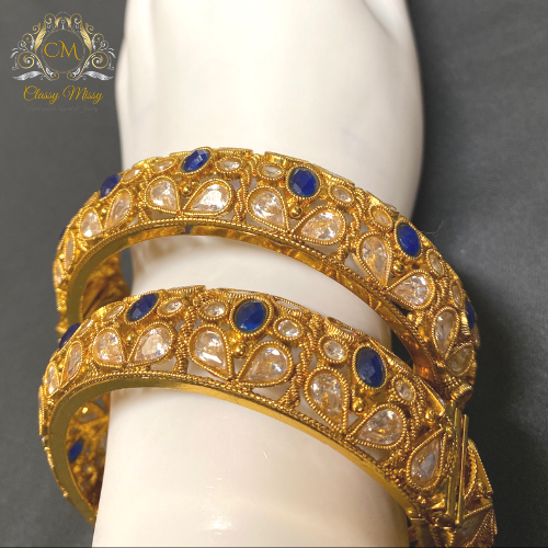Stone studded Gold plated blue and silver bangles