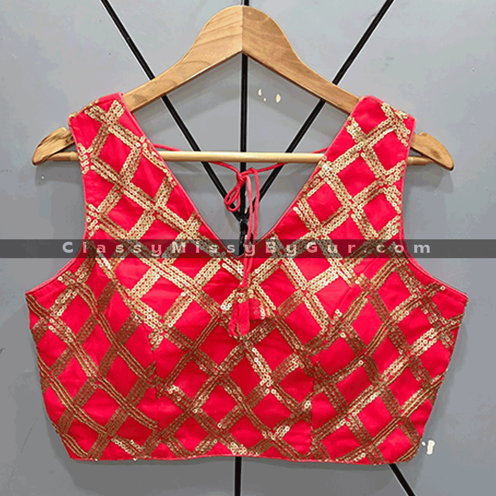 Sequins Embroidered Silk Saree Lehenga Blouse V Neck Open Back Sleeveless