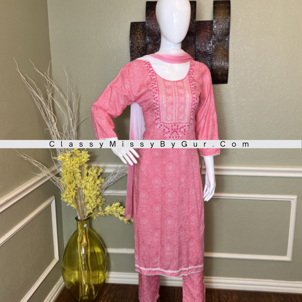 Pink Straight Cut Suit With Bandhani Design All Over Straight Pants and Chiffon Dupatta