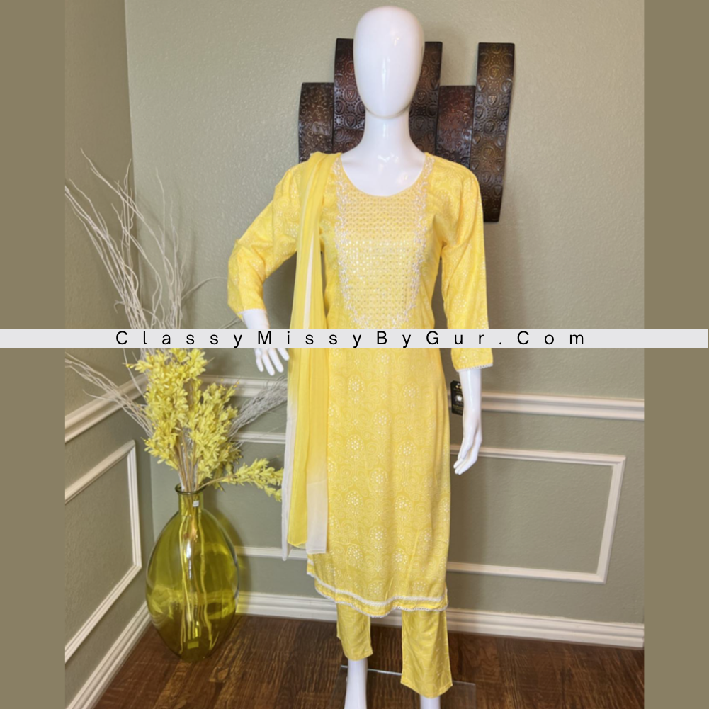 Yellow Straight Cut Suit With Bandhani Design All Over Straight Pants and Chiffon Dupatta