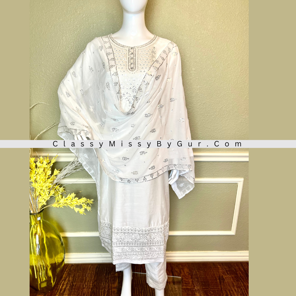 White Sequins Embroidered Silk Straight Cut Suit