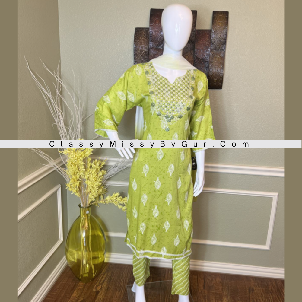 Straight Cut Suit With Bandhani Design All Over Straight Pants and Chiffon Dupatta