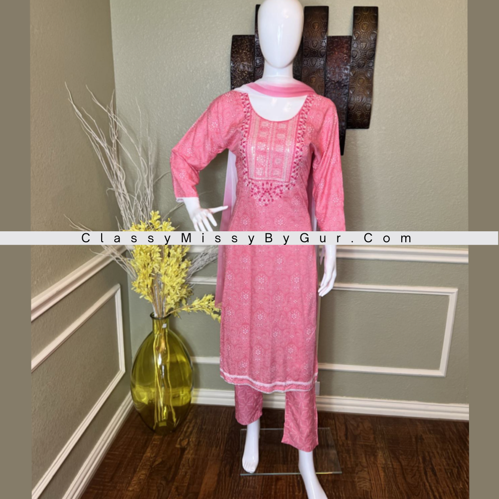 Pink Straight Cut Suit With Bandhani Design All Over Straight Pants and Chiffon Dupatta