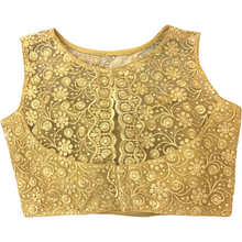 Load image into Gallery viewer, Womens Designer Gold High Neck Dupion silk Full Net Padded Princess Cut Sleeveless Readymade Saree Blouse