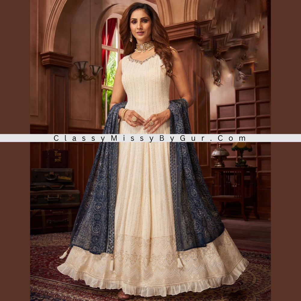 Off White Anarkali Suit With Lucknowi Resham Embroidered Checks Jaal And Colorful Floral Design On The Hem