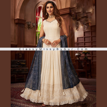 Load image into Gallery viewer, Off White Anarkali Suit With Lucknowi Resham Embroidered Checks Jaal And Colorful Floral Design On The Hem